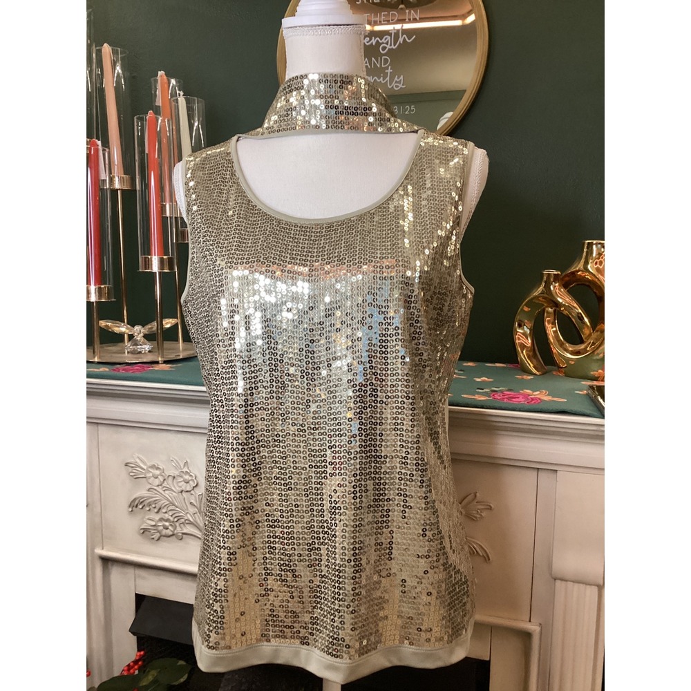 Joan Rivers Gold Sequin Tank Top Medium With Scarf Glam